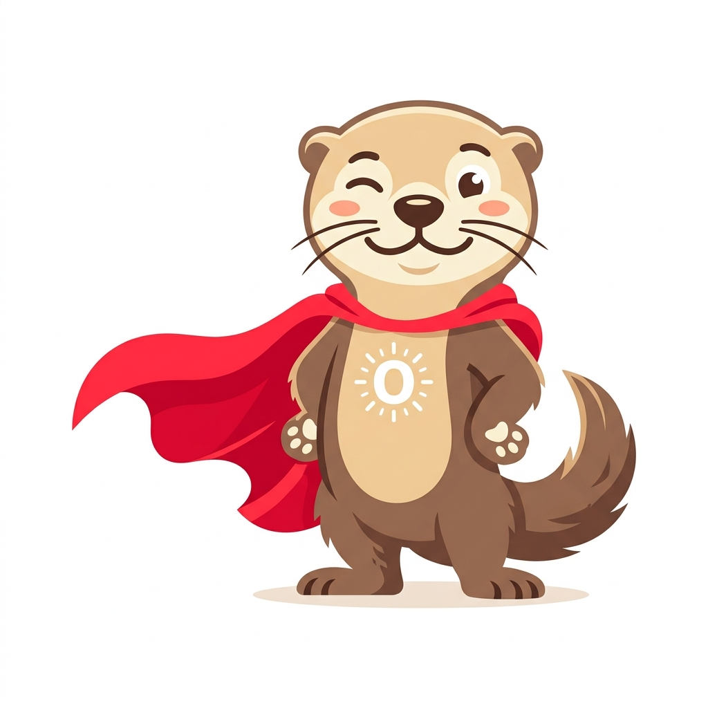 Friendly smiling winking otter mascot wearing a red superhero cape
